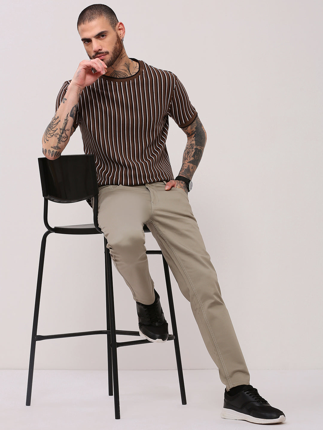 Men Brown Striped T Shirt