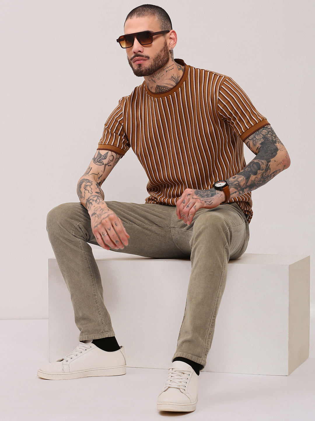 Men Camel Brown Striped T Shirt