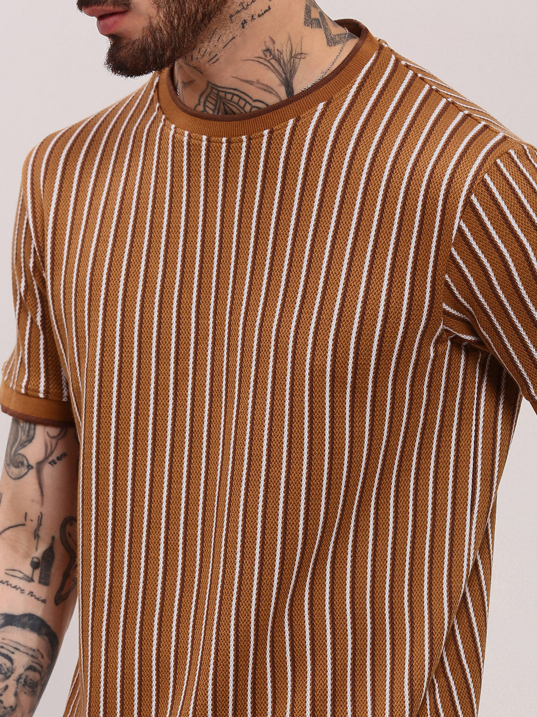 Men Camel Brown Striped T Shirt