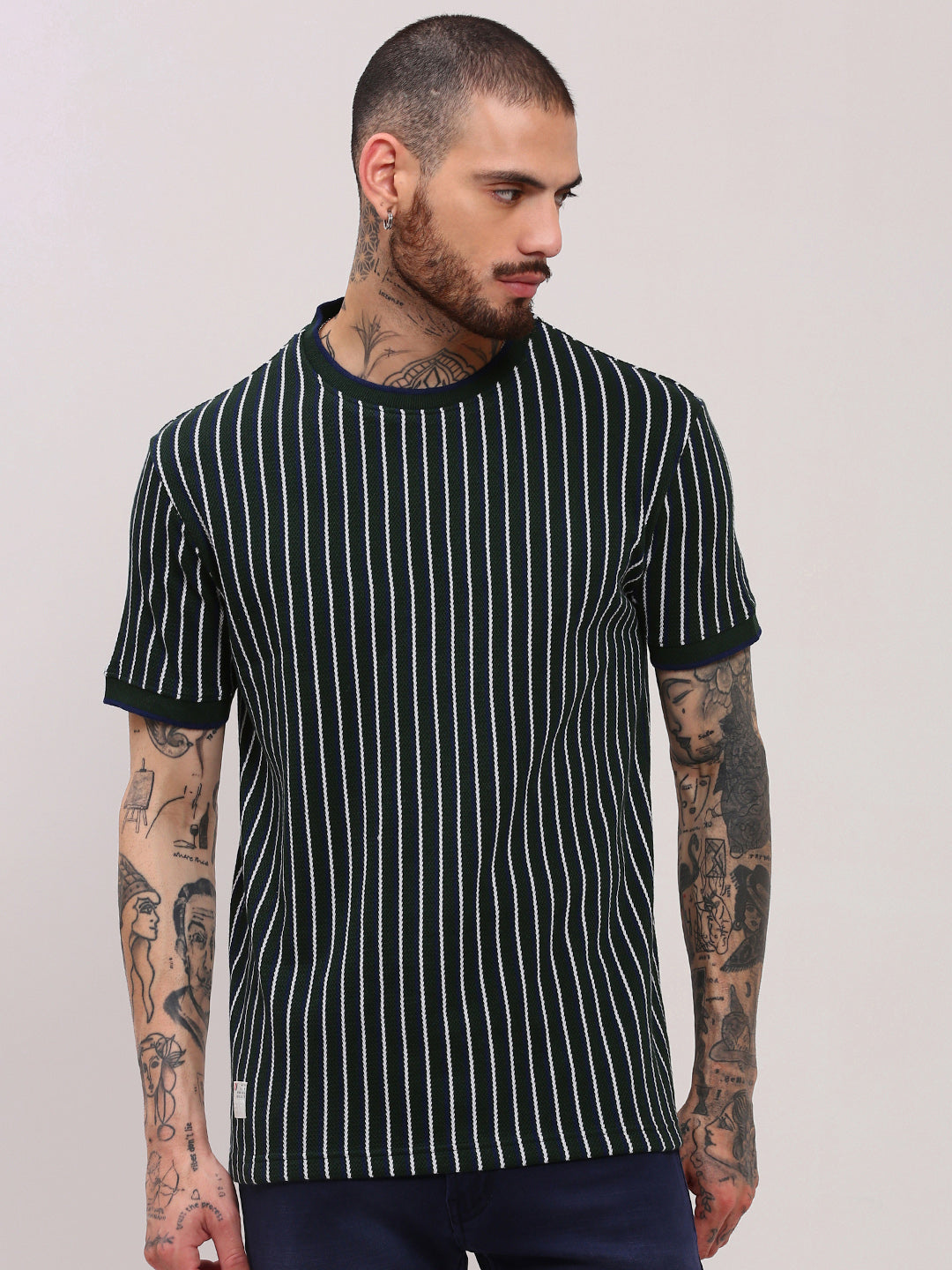 Men Green Striped T Shirt