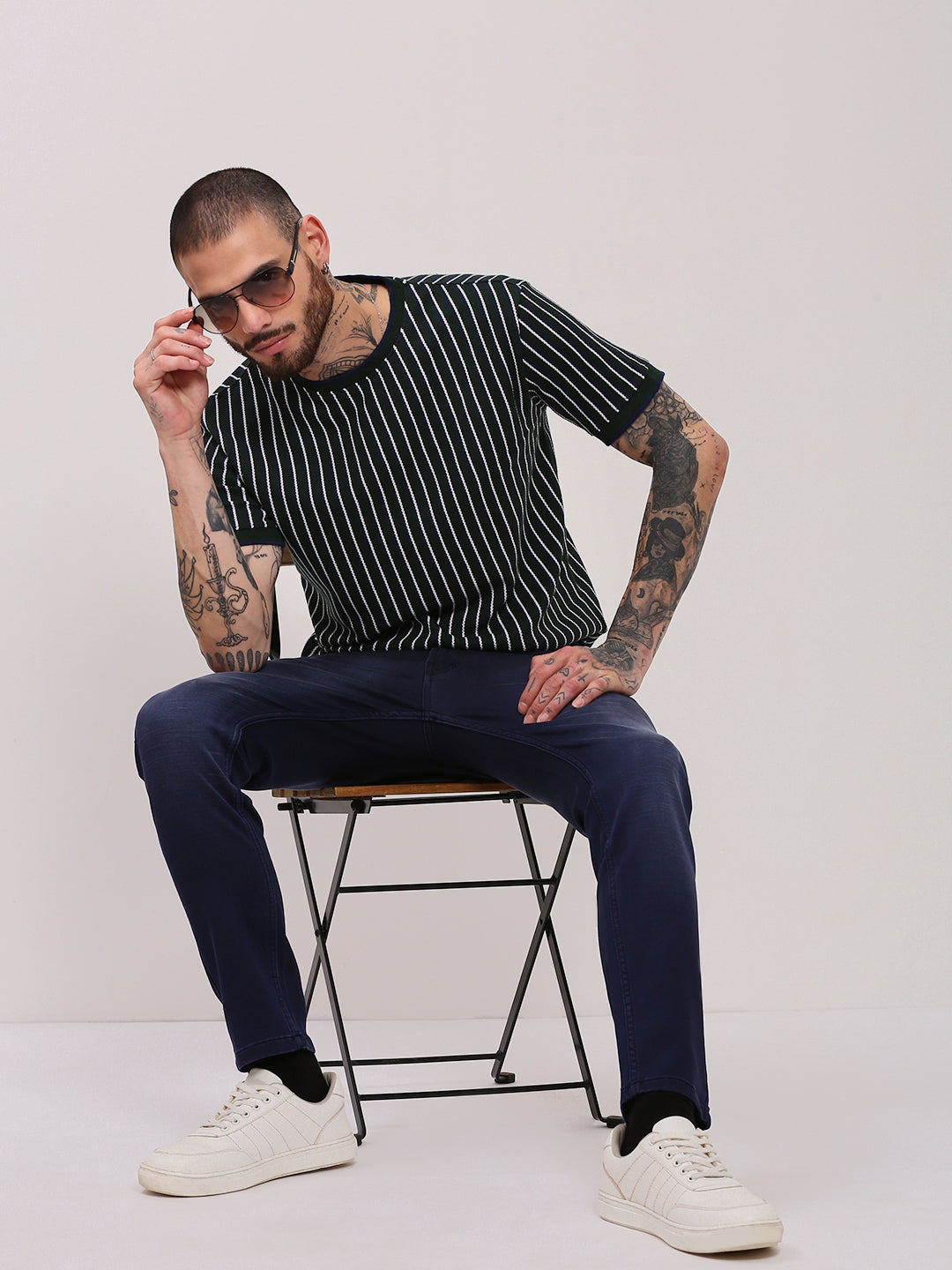 Men Green Striped T Shirt