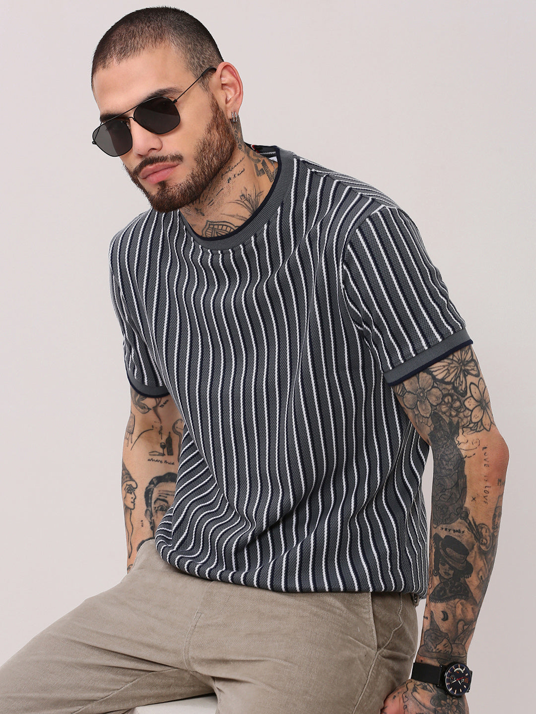 Men Grey Striped T Shirt