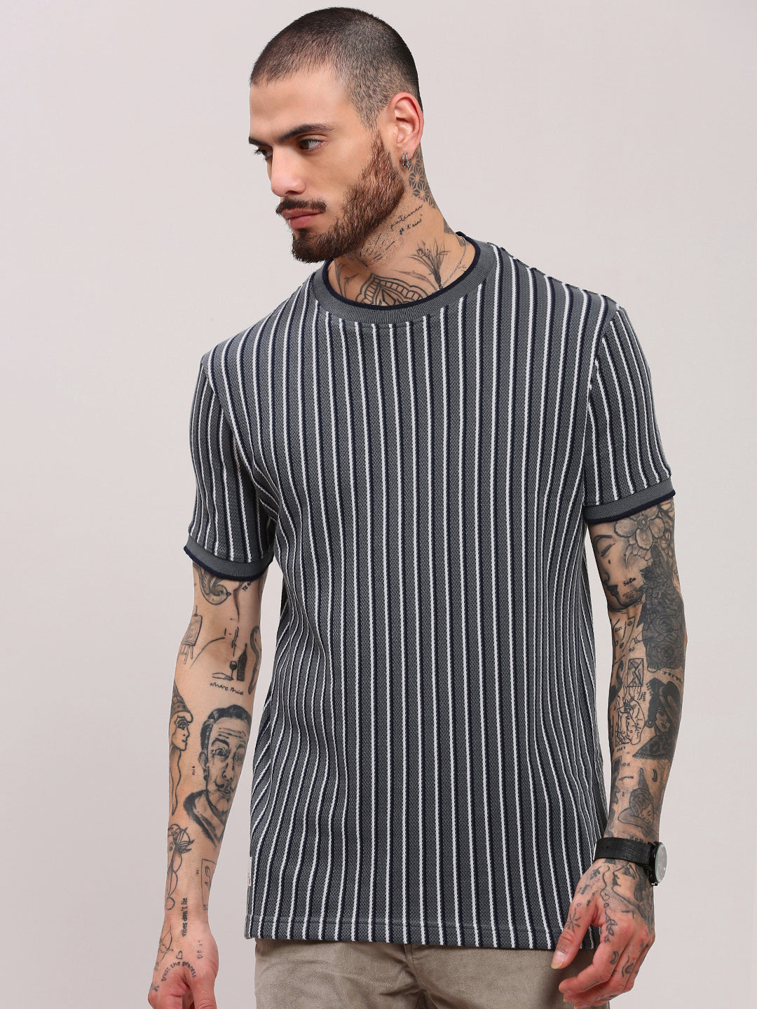 Men Grey Striped T Shirt