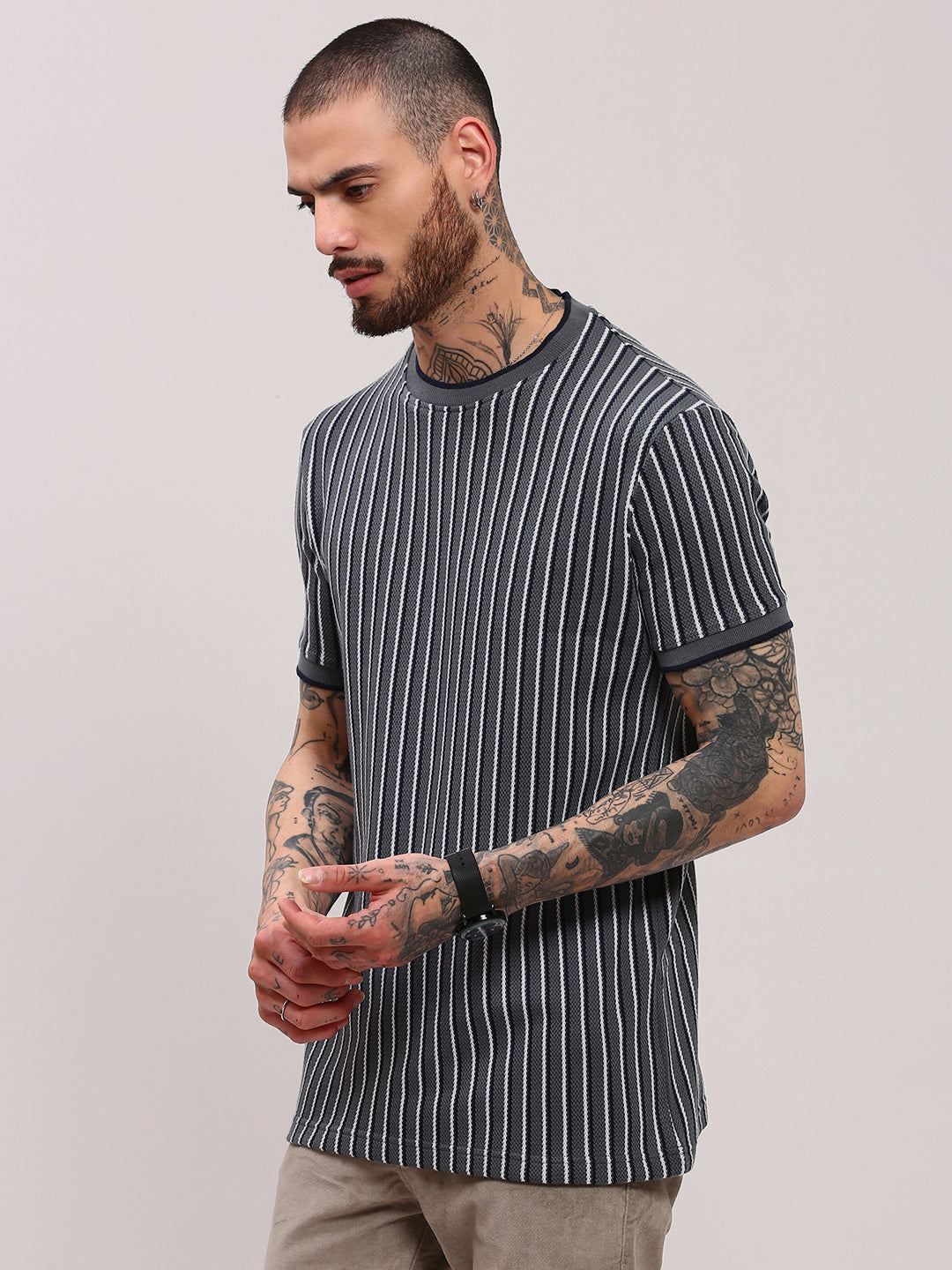 Men Grey Striped T Shirt