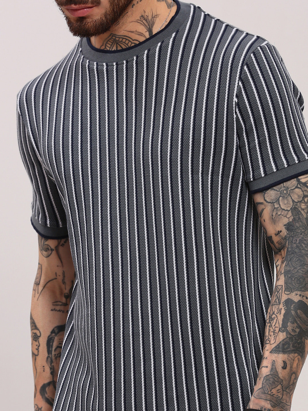 Men Grey Striped T Shirt