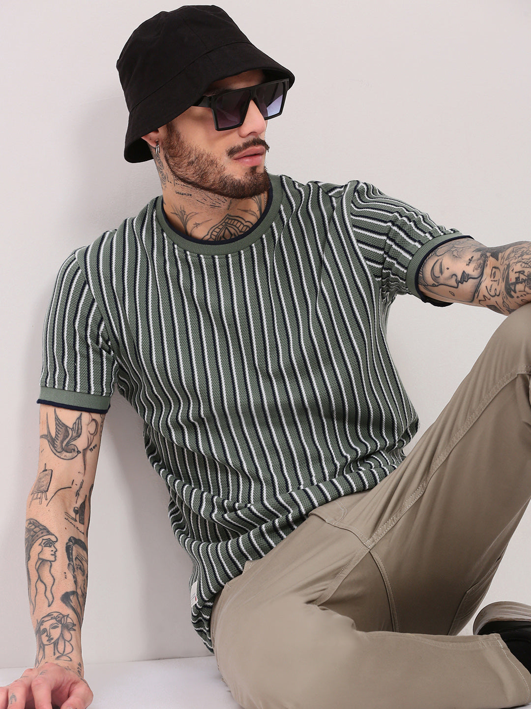 Men Green Striped T Shirt