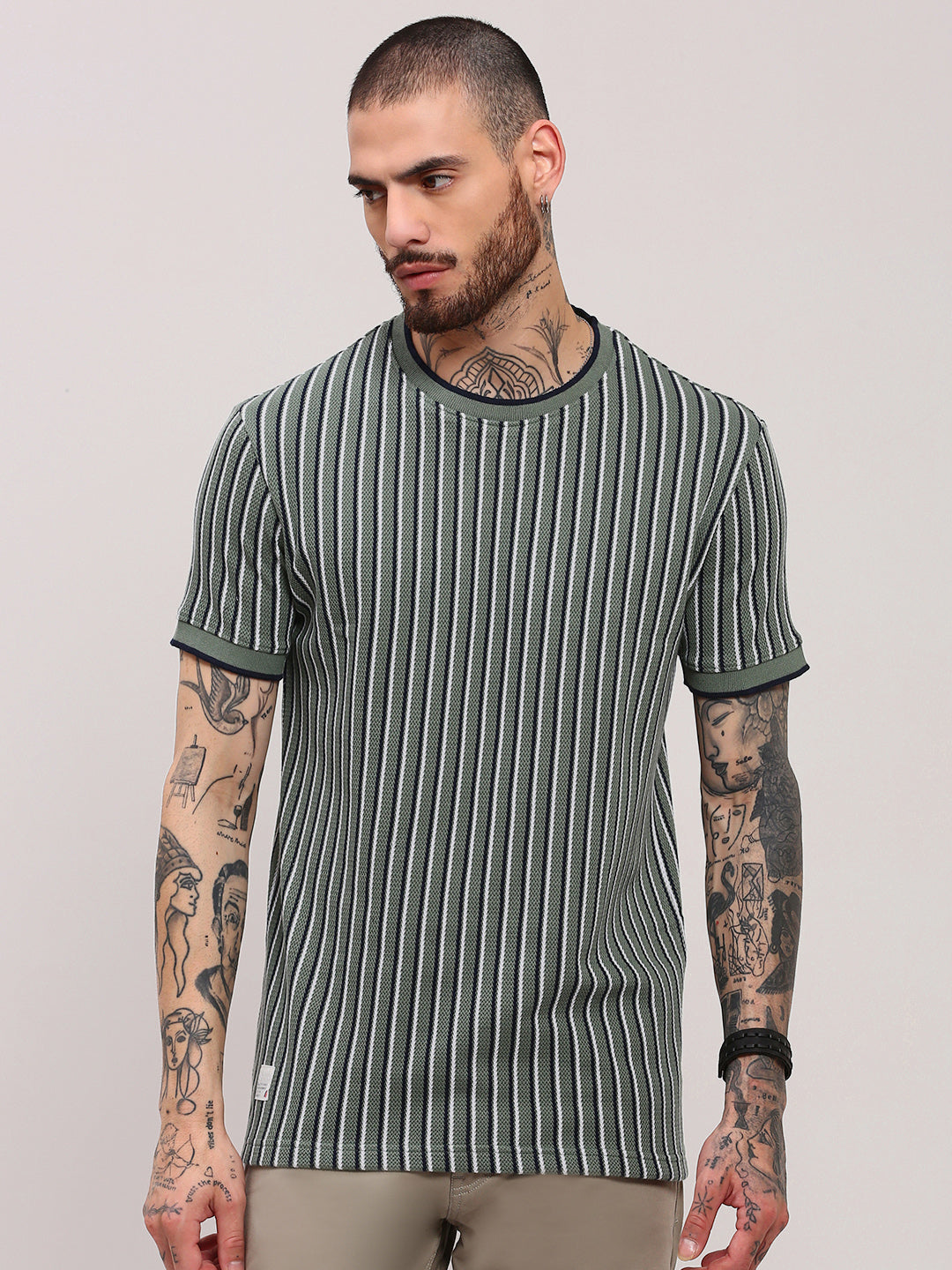 Men Green Striped T Shirt