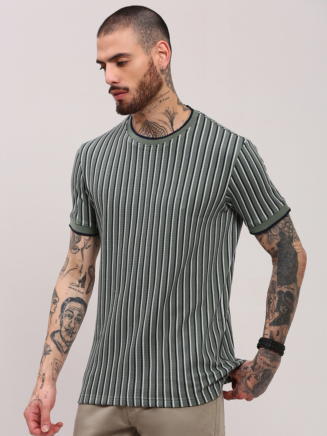 Men Green Striped T Shirt