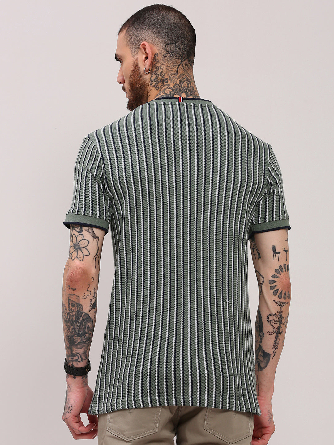 Men Green Striped T Shirt