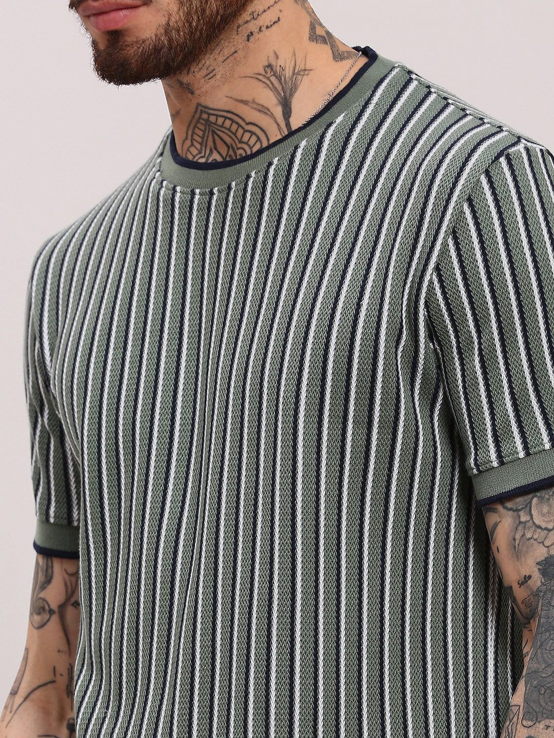 Men Green Striped T Shirt