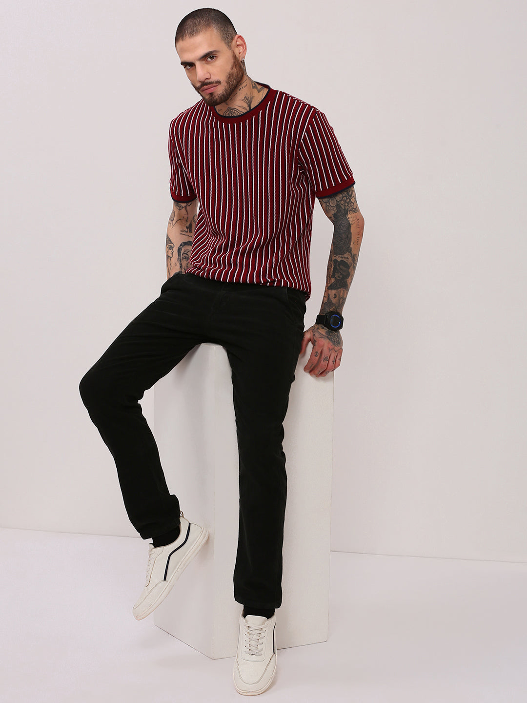 Men Red Striped T Shirt