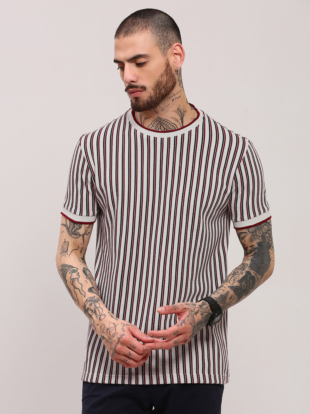 Men White Striped T Shirt