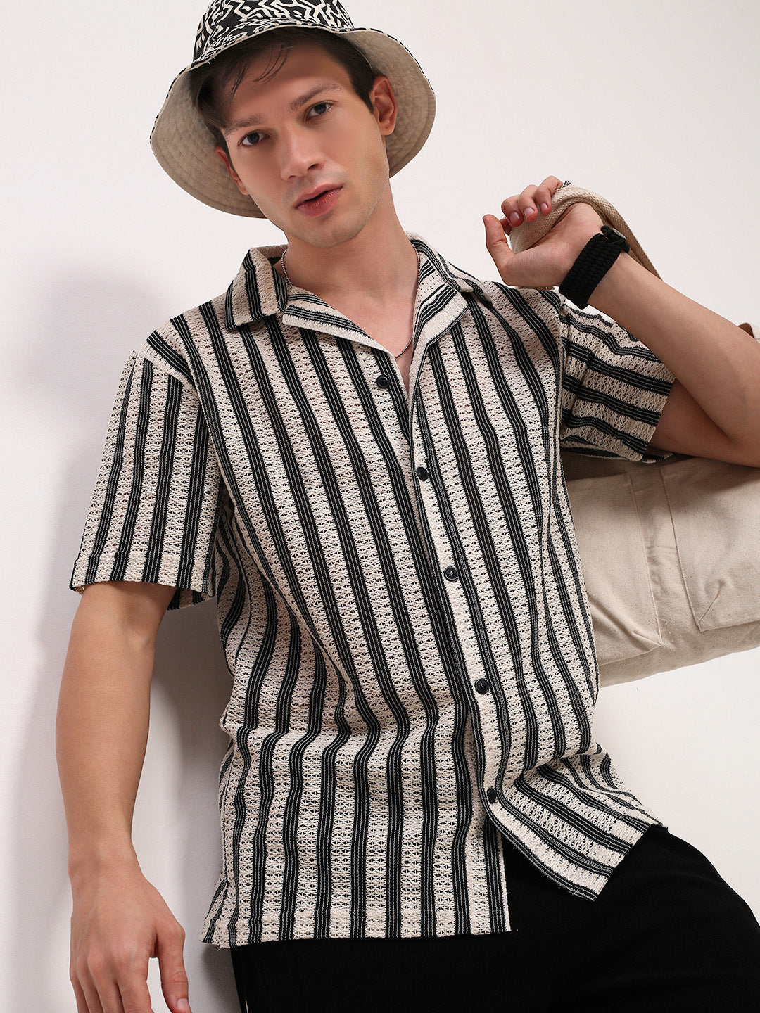 Men Cream Striped Cuban Collar Shirt