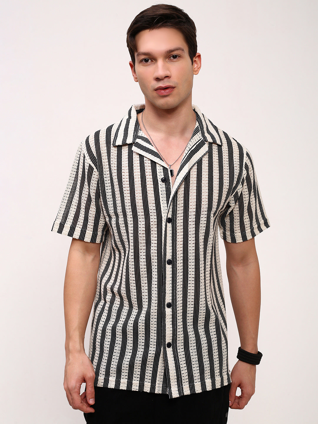 Men Cream Striped Cuban Collar Shirt