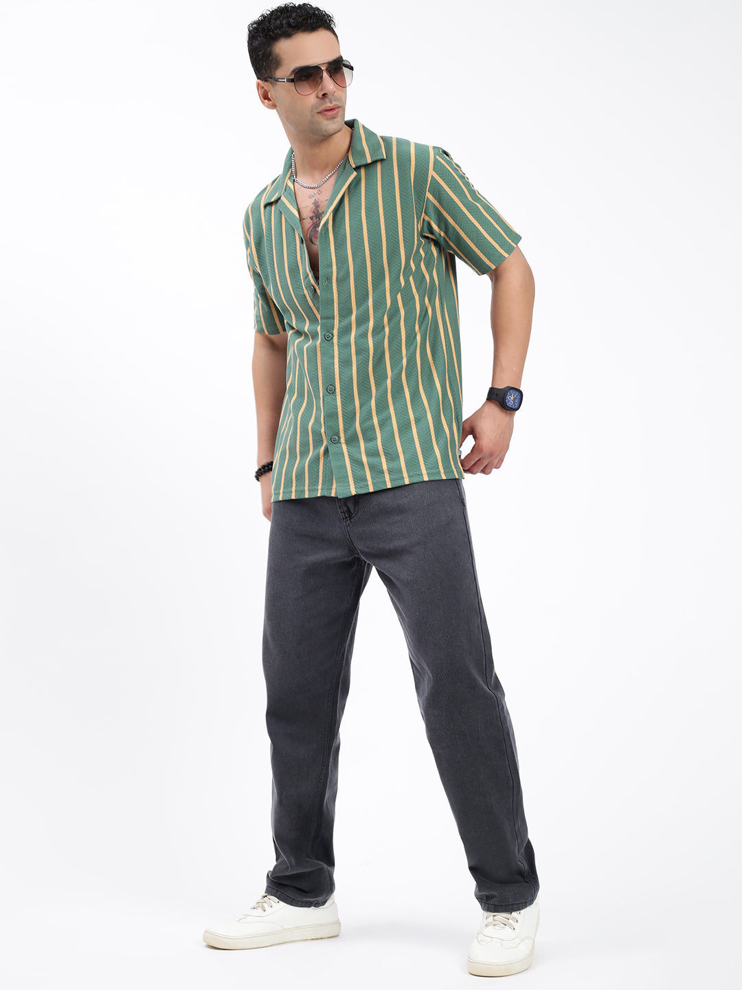 Men Striped Green Relaxed Fit Shirt