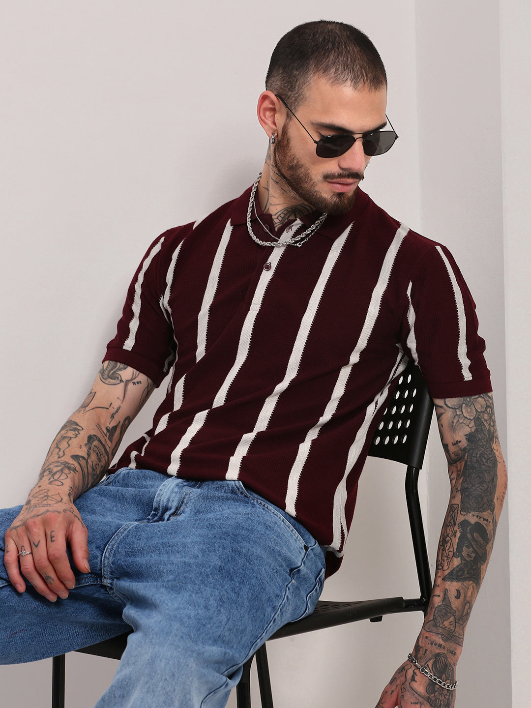 Men Burgundy Striped T Shirt