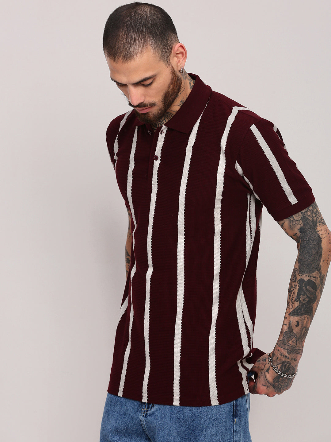 Men Burgundy Striped T Shirt