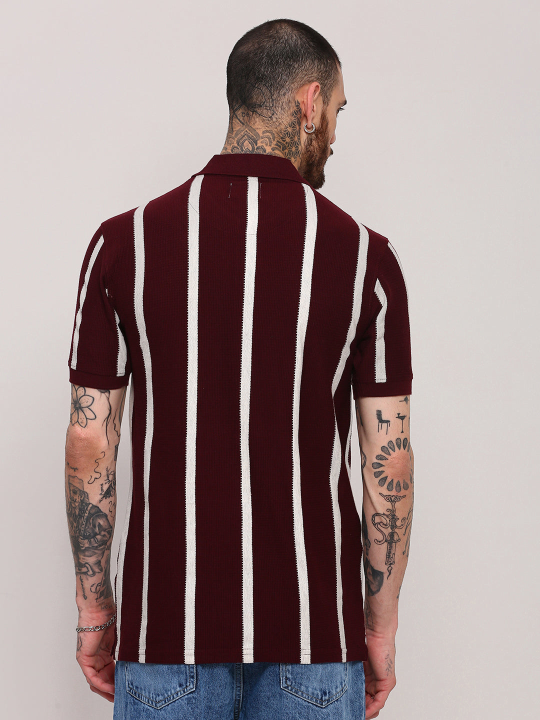 Men Burgundy Striped T Shirt