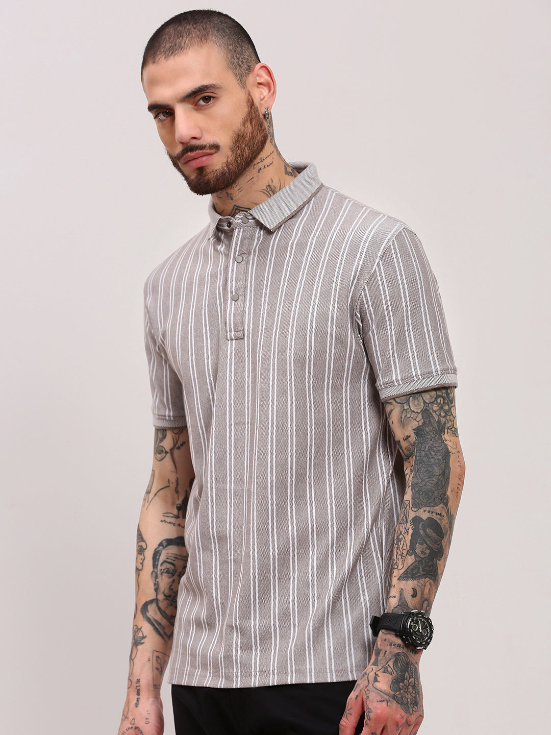 Men Grey Striped T Shirt