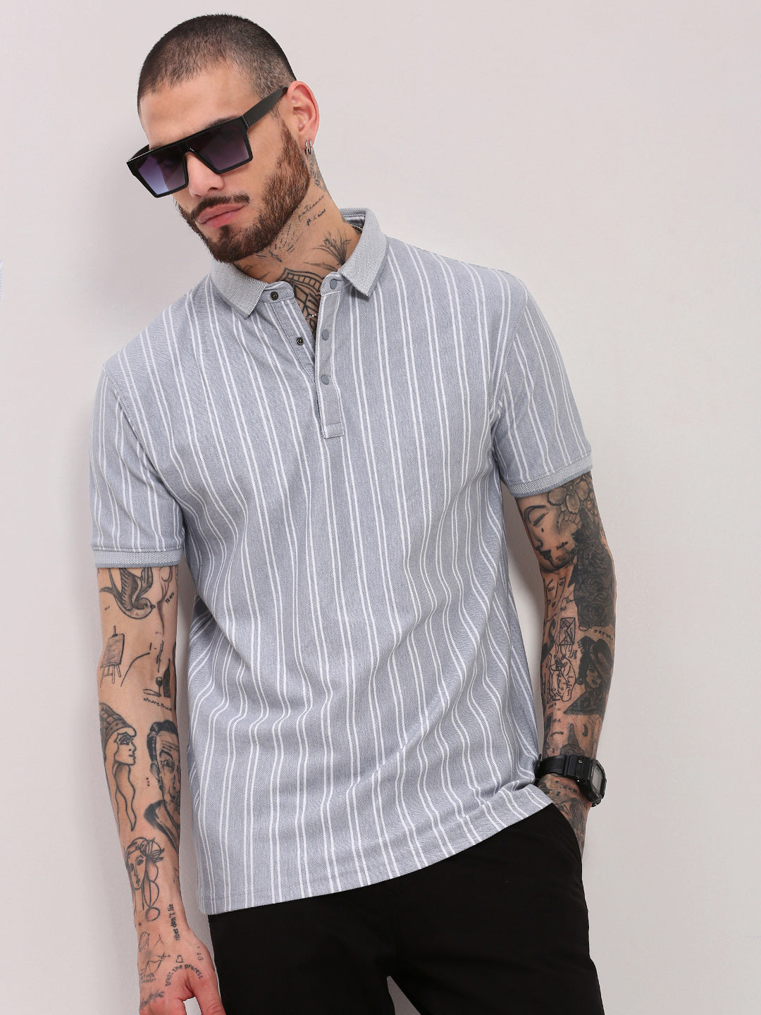 Men Grey Striped T Shirt