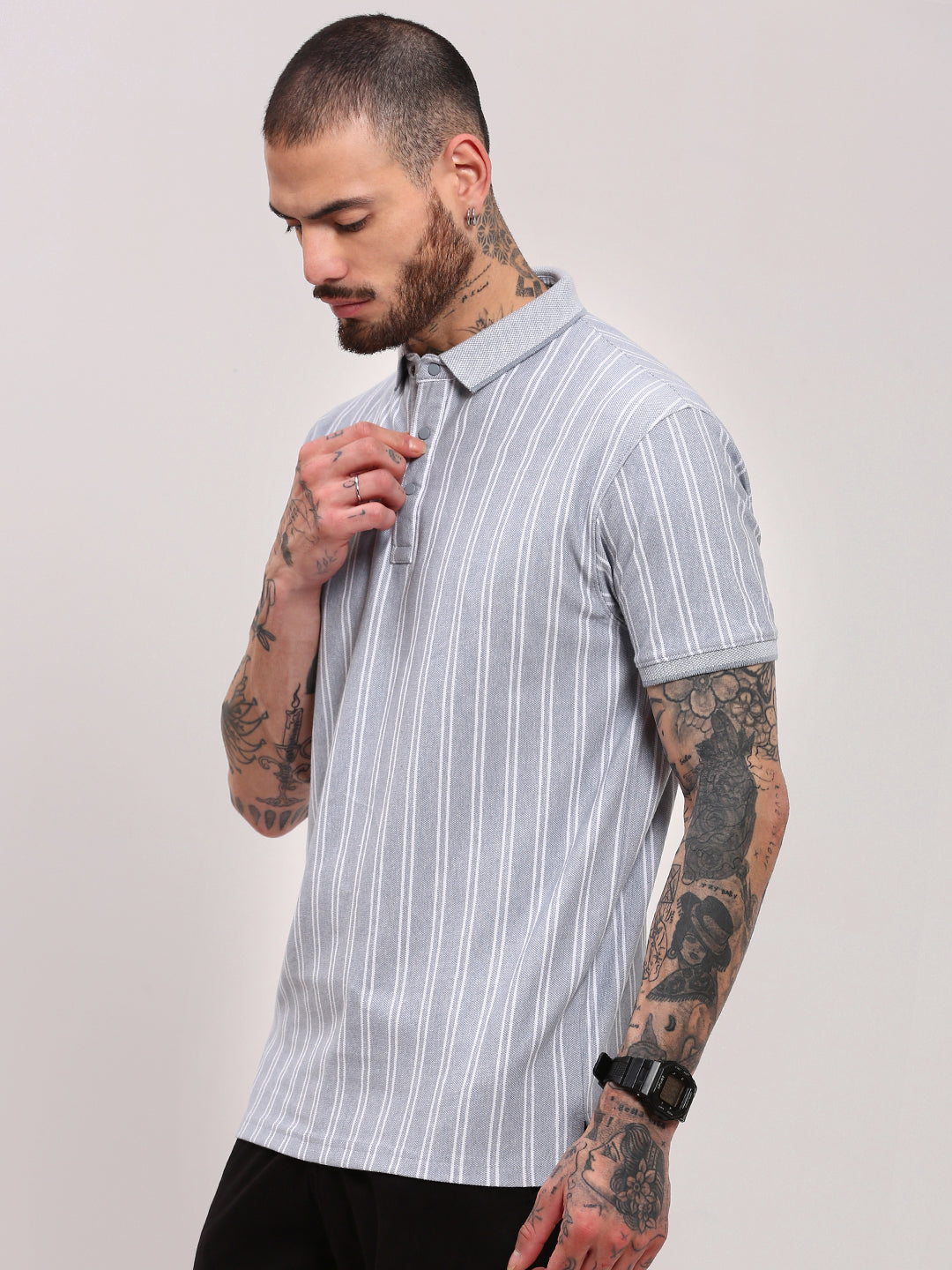 Men Grey Striped T Shirt