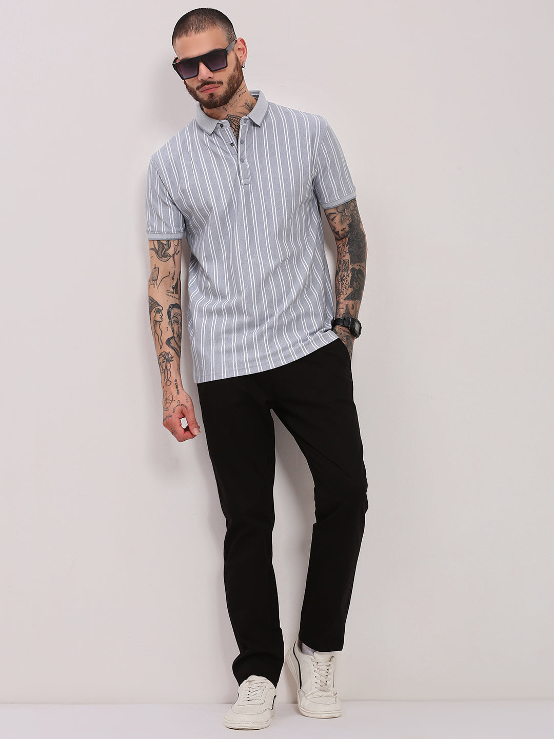 Men Grey Striped T Shirt