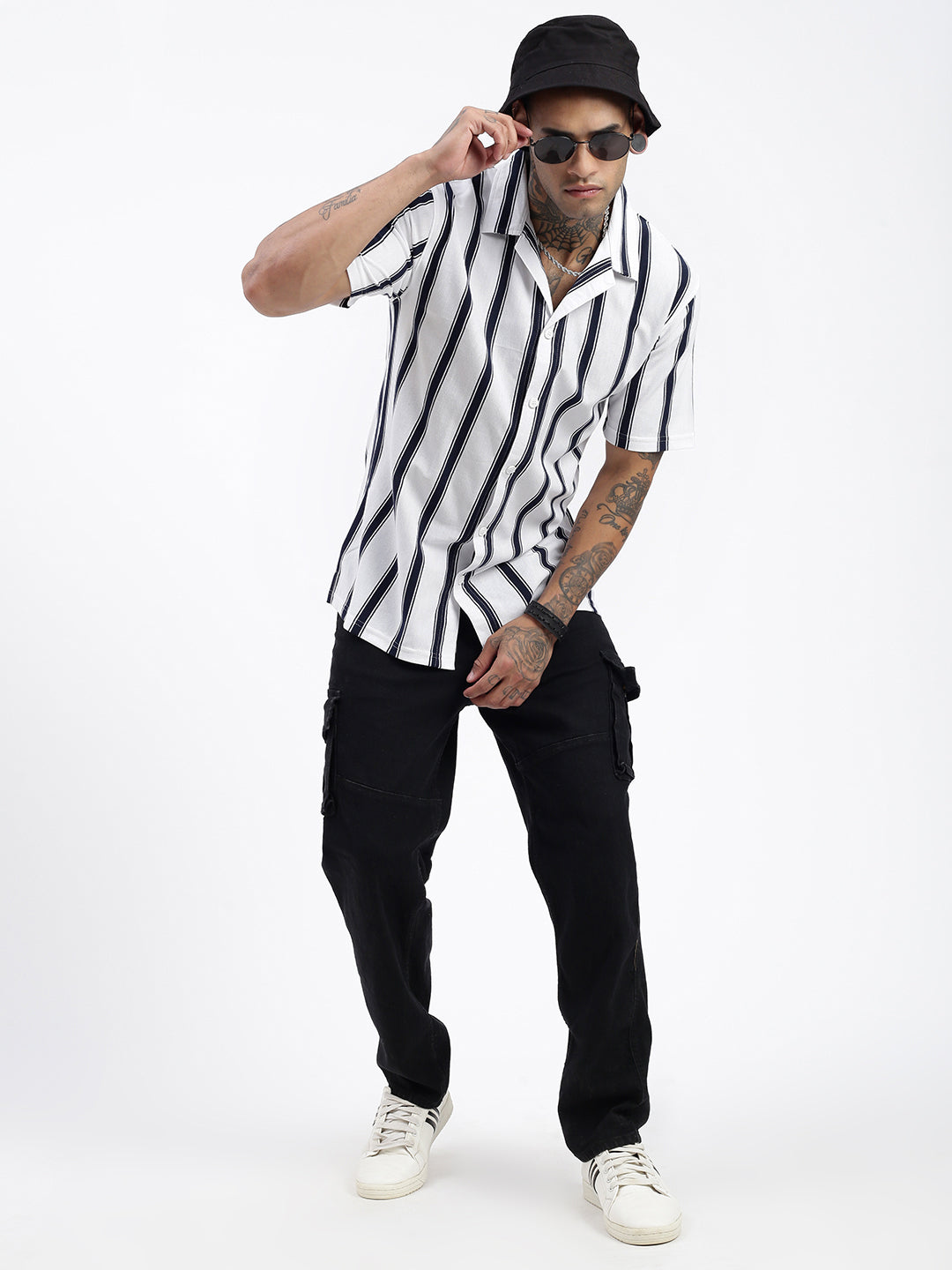 Men Striped White Relaxed Fit Shirt