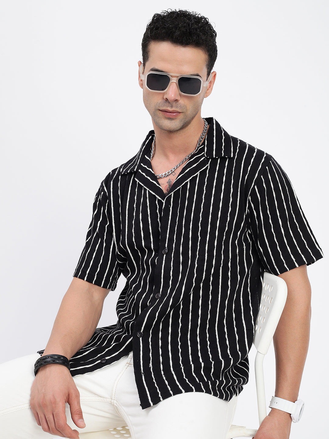 Men Striped Black Relaxed Fit Shirt