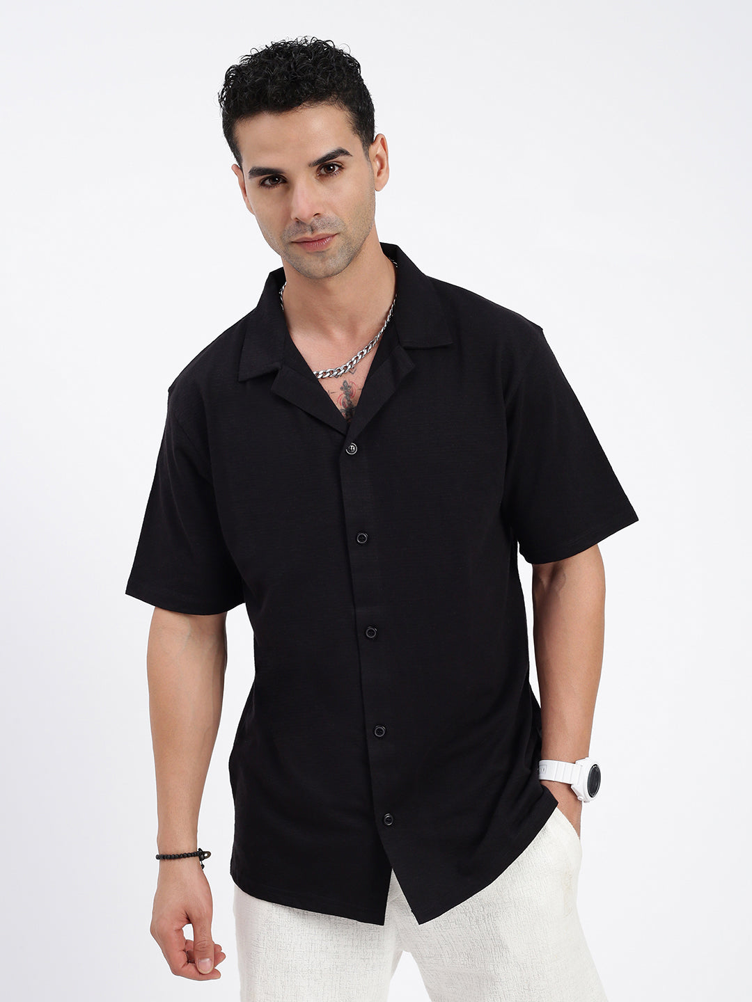 Men Solid Black Relaxed Fit Shirt