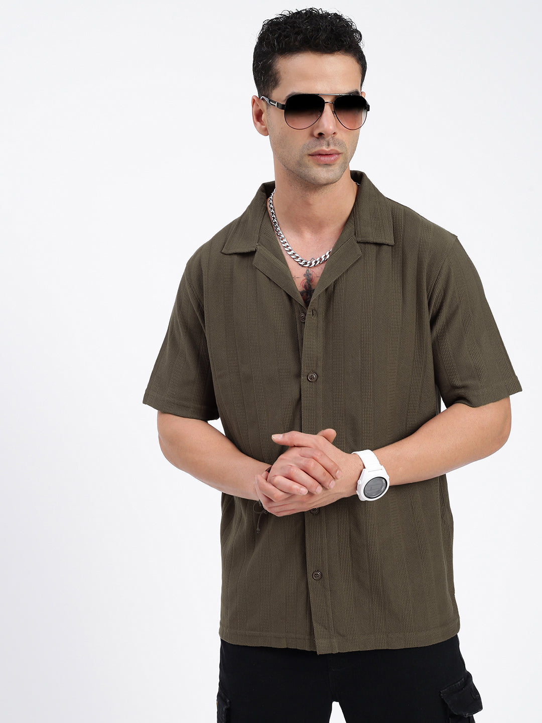 Men Solid Olive Relaxed Fit Shirt