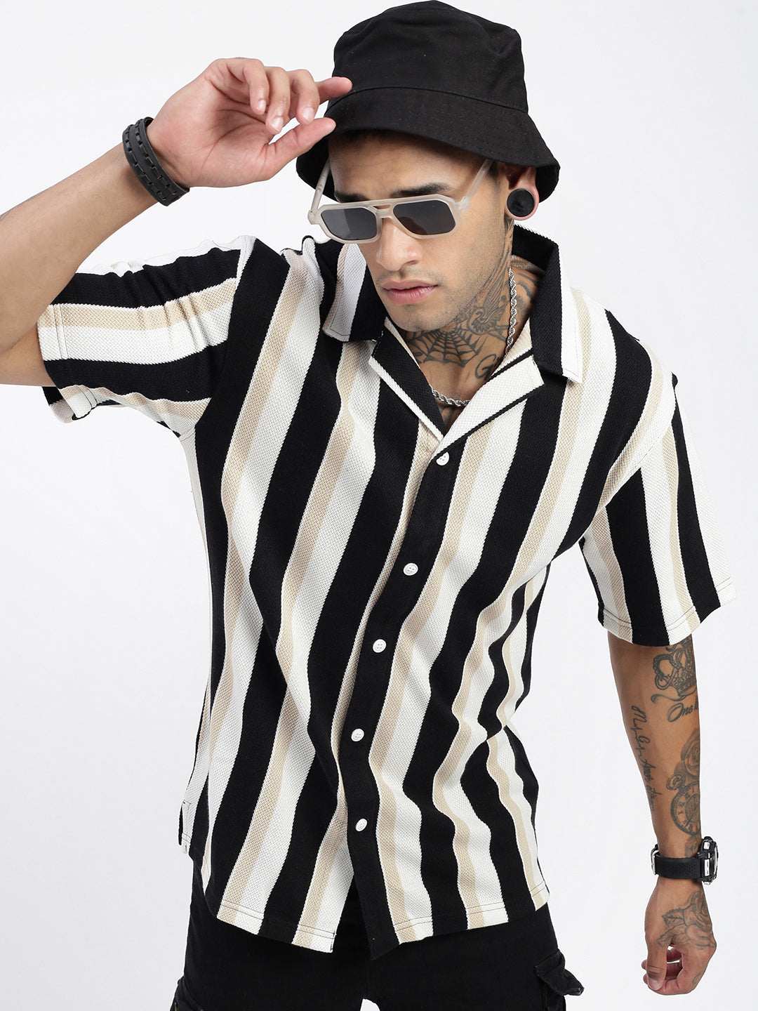 Men Striped Black Relaxed Fit Shirt