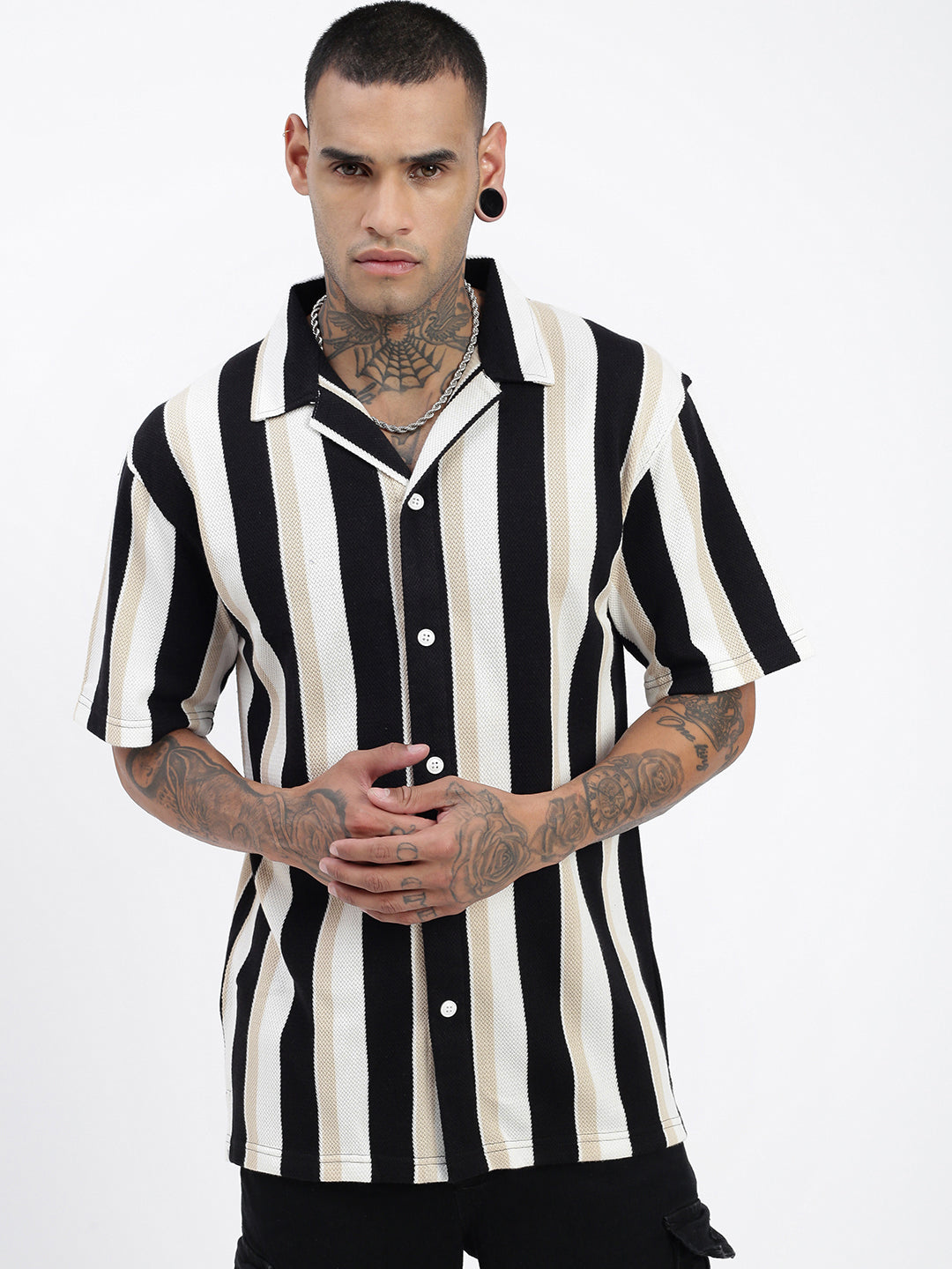 Men Striped Black Relaxed Fit Shirt