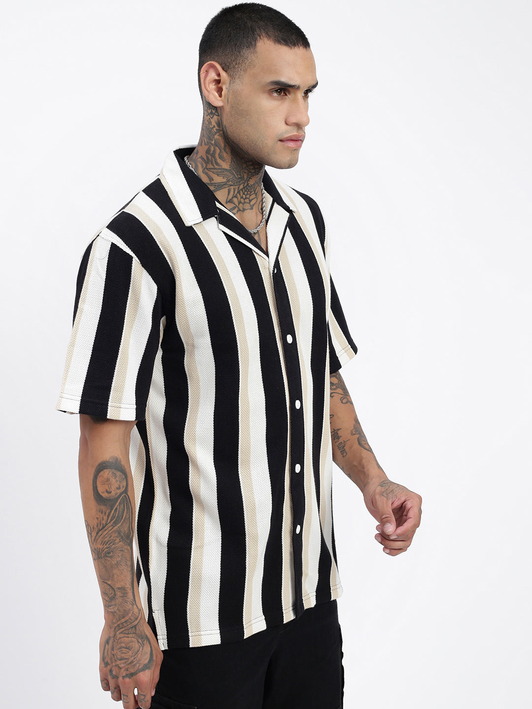 Men Striped Black Relaxed Fit Shirt