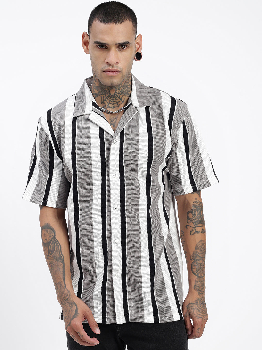 Men Striped Grey Relaxed Fit Shirt