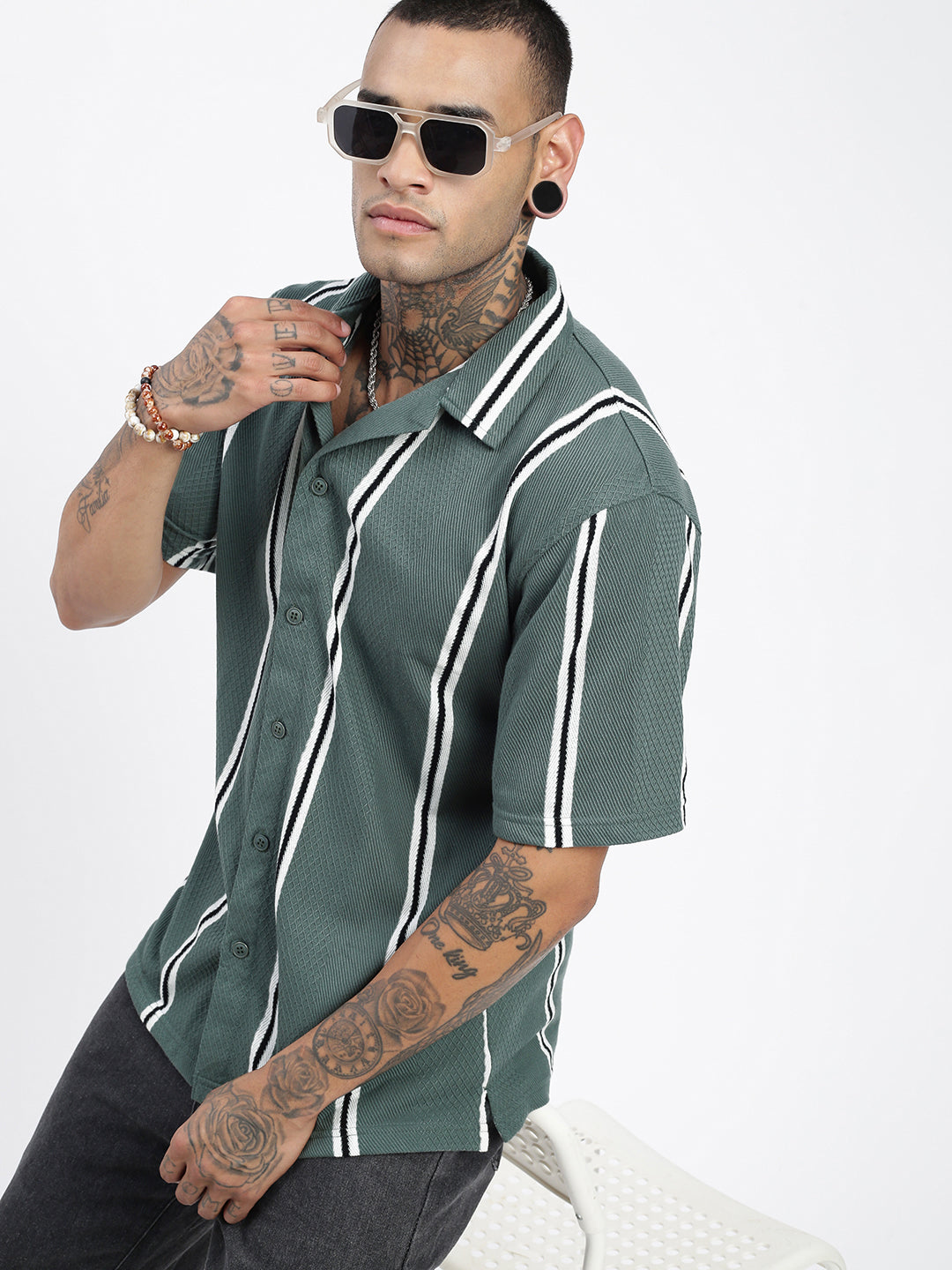 Men Striped Green Relaxed Fit Shirt