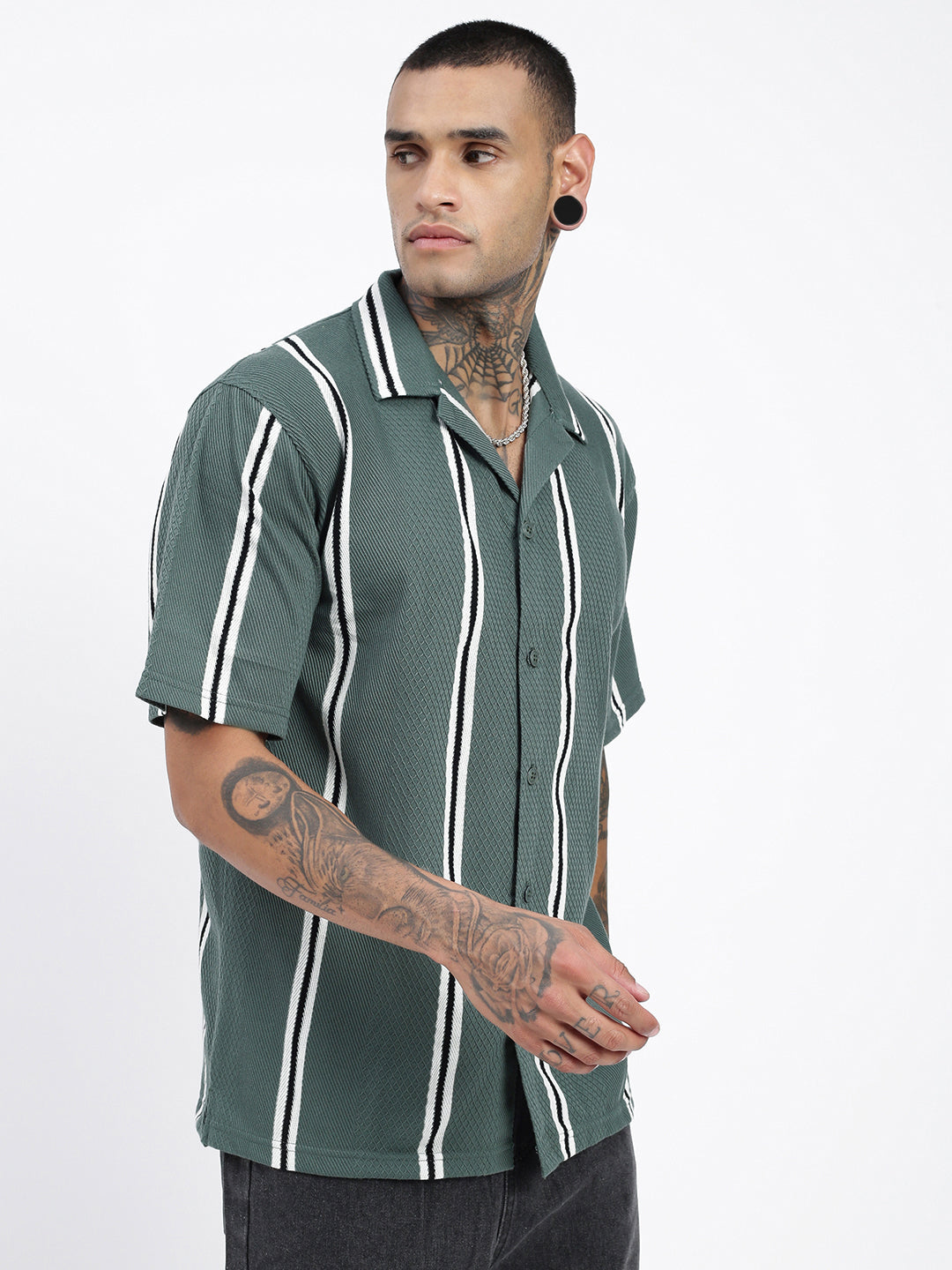 Men Striped Green Relaxed Fit Shirt