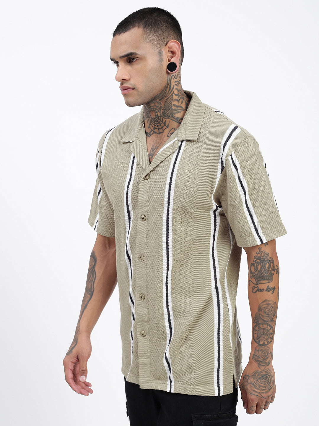 Men Striped Olive Relaxed Fit Shirt