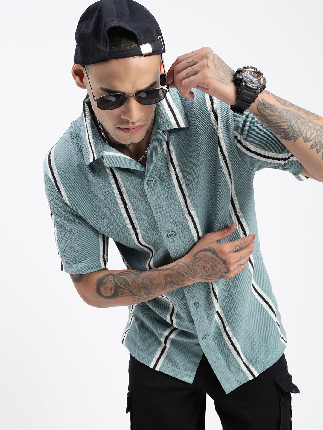 Men Striped Sea Green Relaxed Fit Shirt