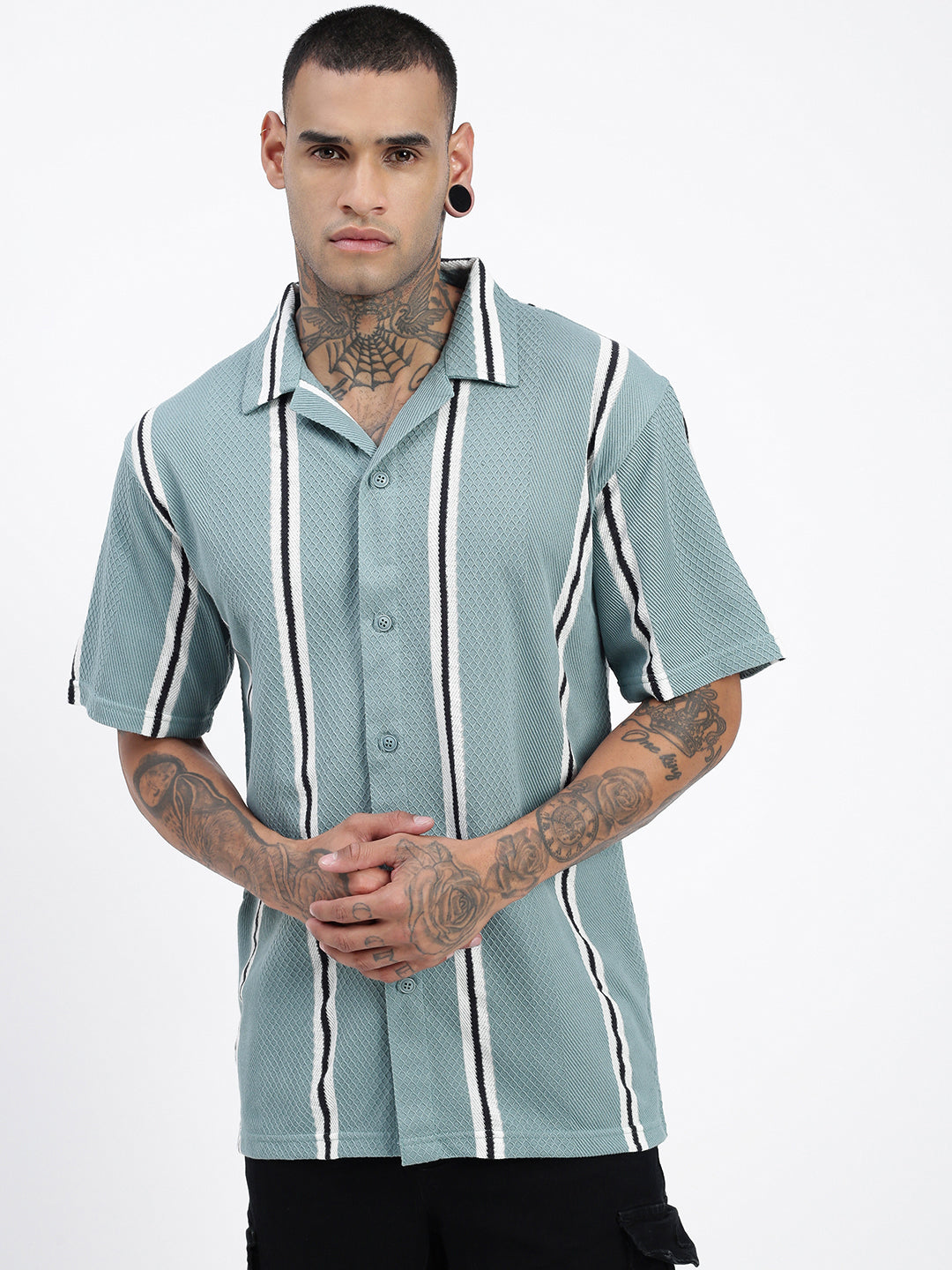 Men Striped Sea Green Relaxed Fit Shirt