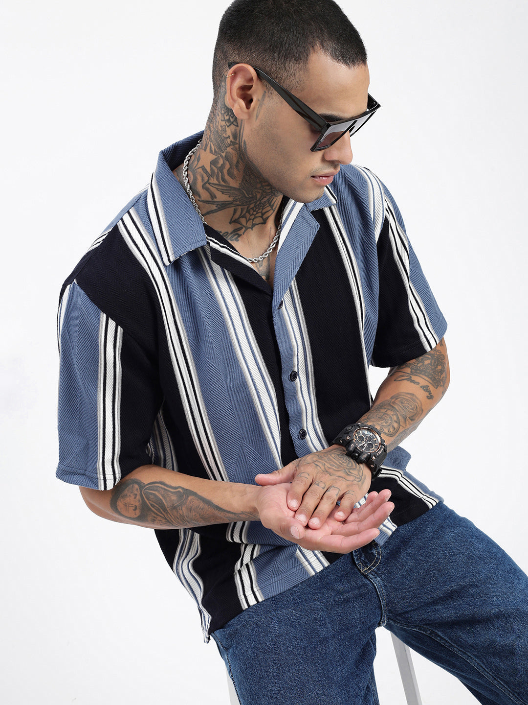 Men Striped Blue Relaxed Fit Shirt