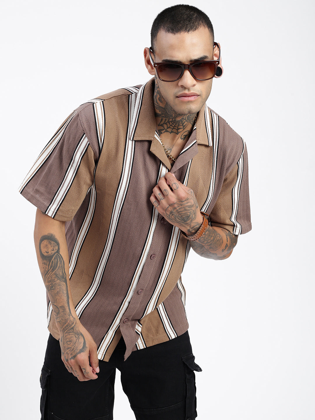 Men Striped Brown Relaxed Fit Shirt