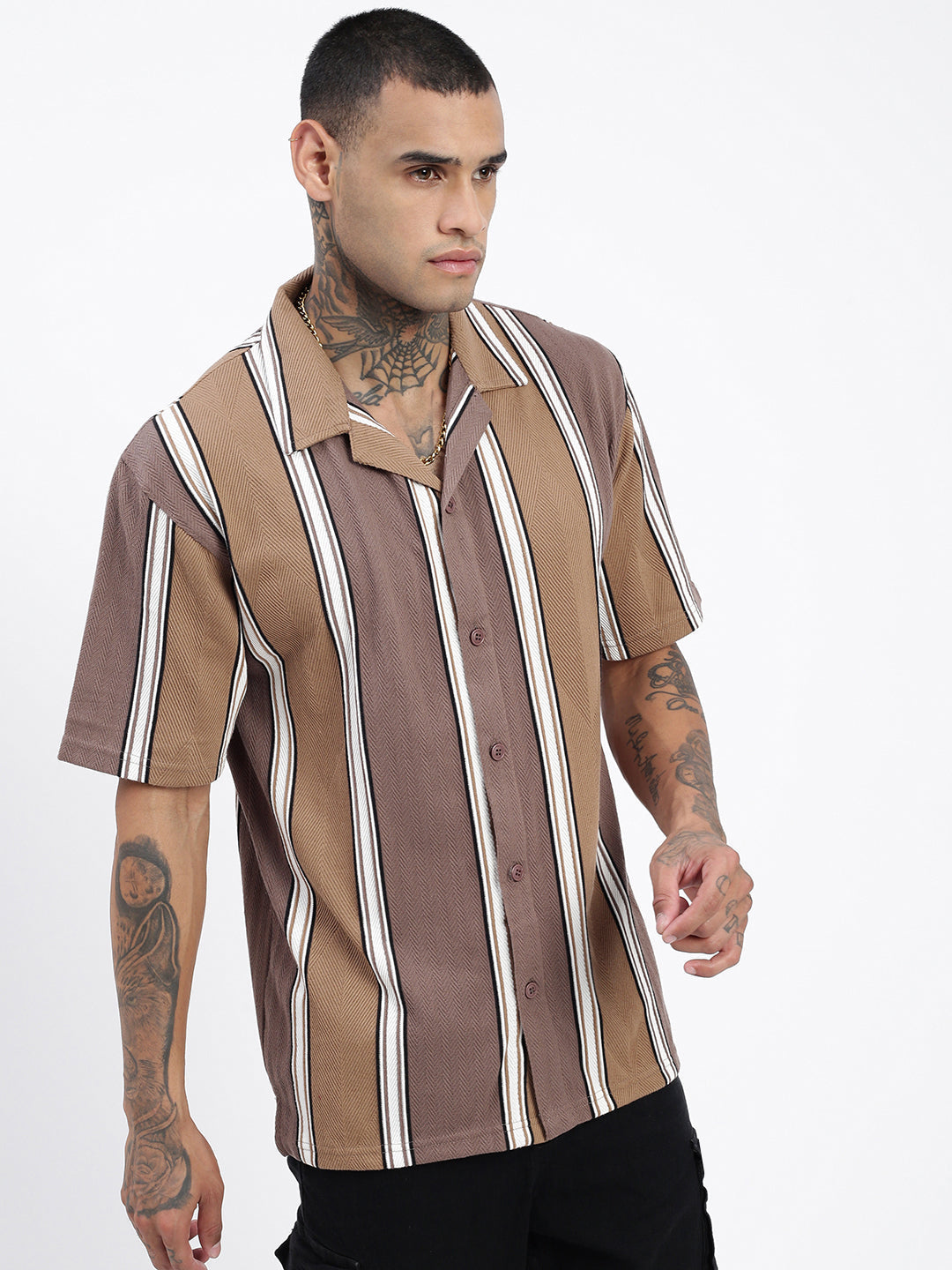 Men Striped Brown Relaxed Fit Shirt