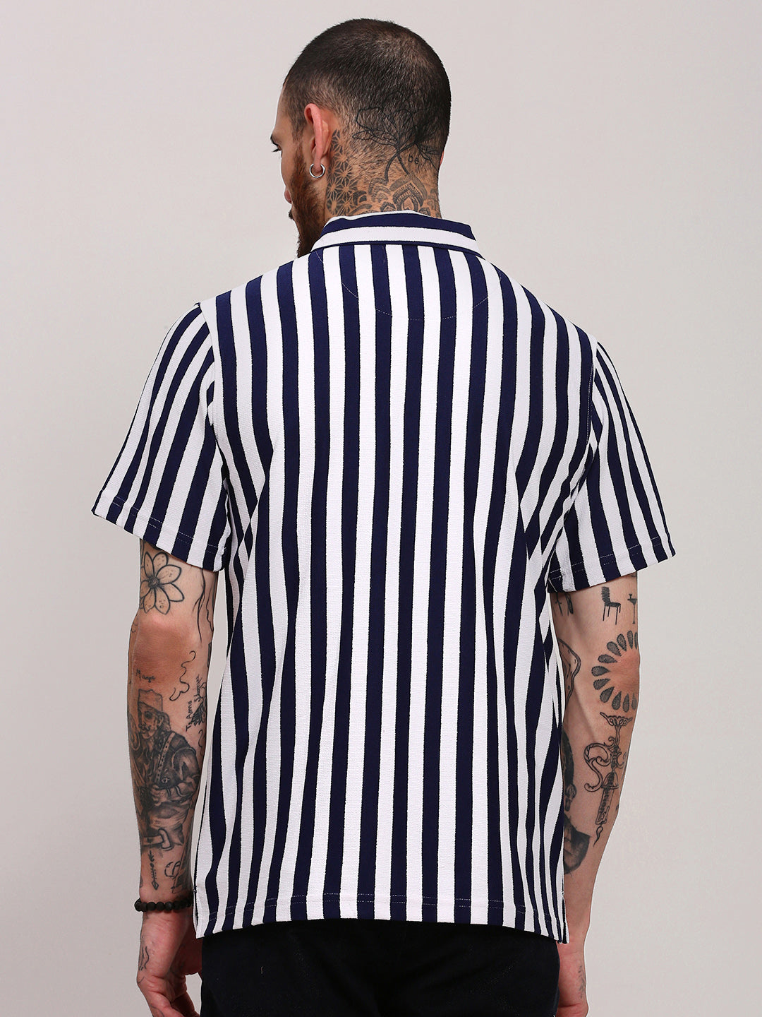 Men Navy Blue Striped T Shirt