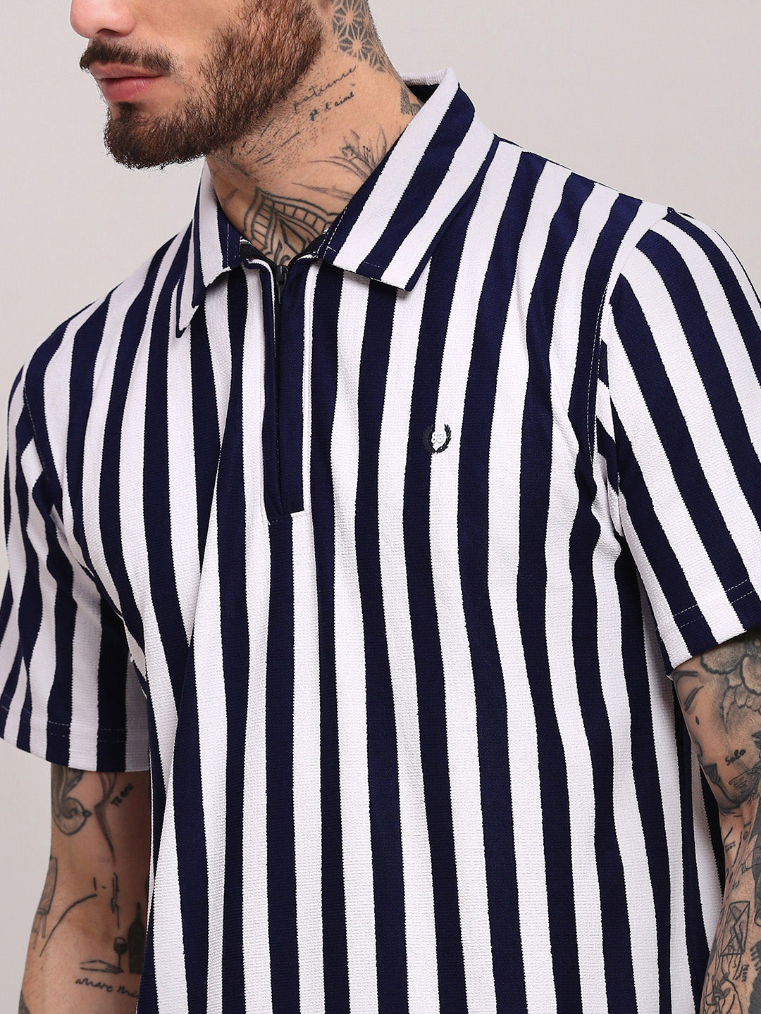 Men Navy Blue Striped T Shirt