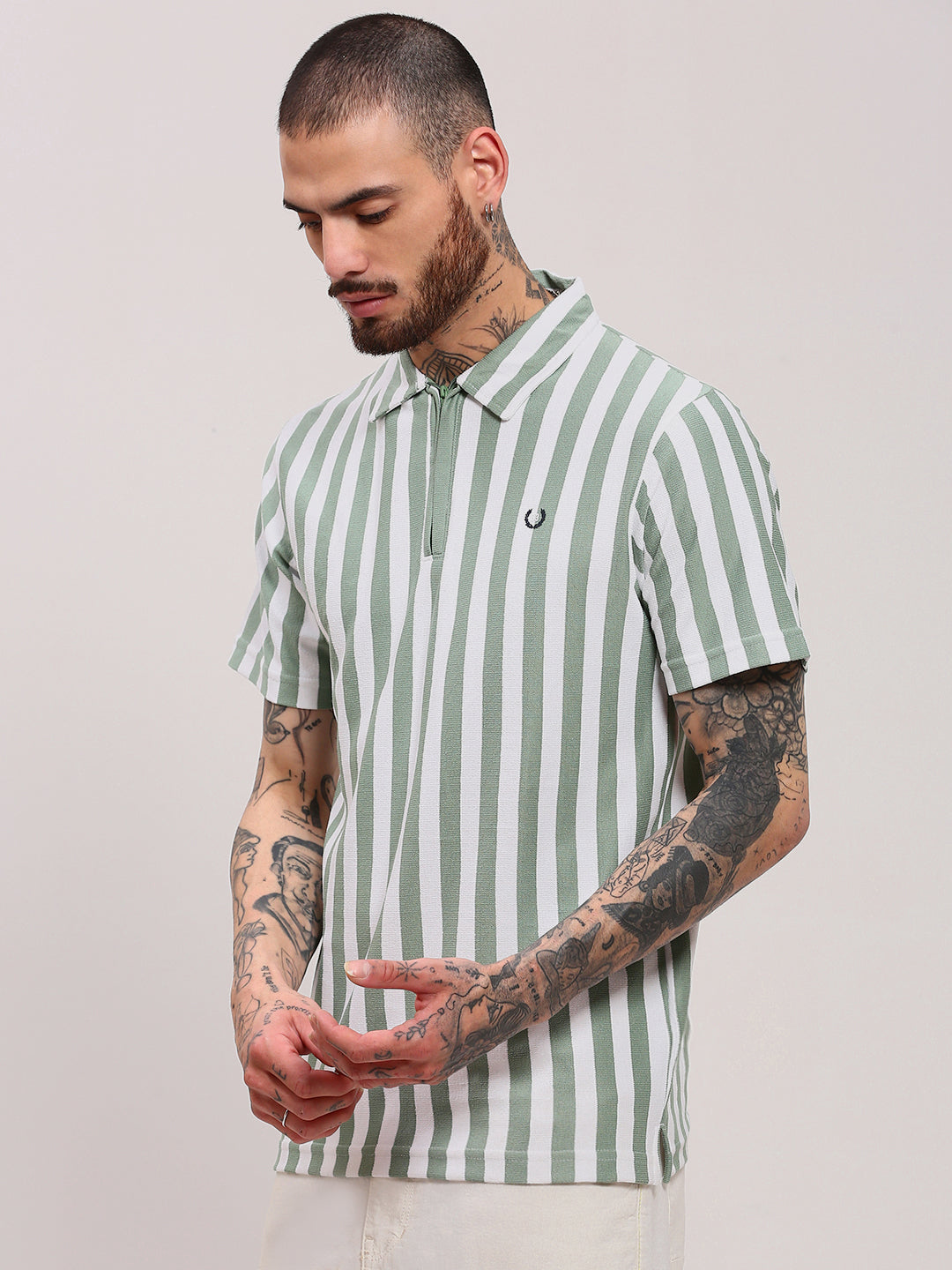 Men Sea Green Striped T Shirt