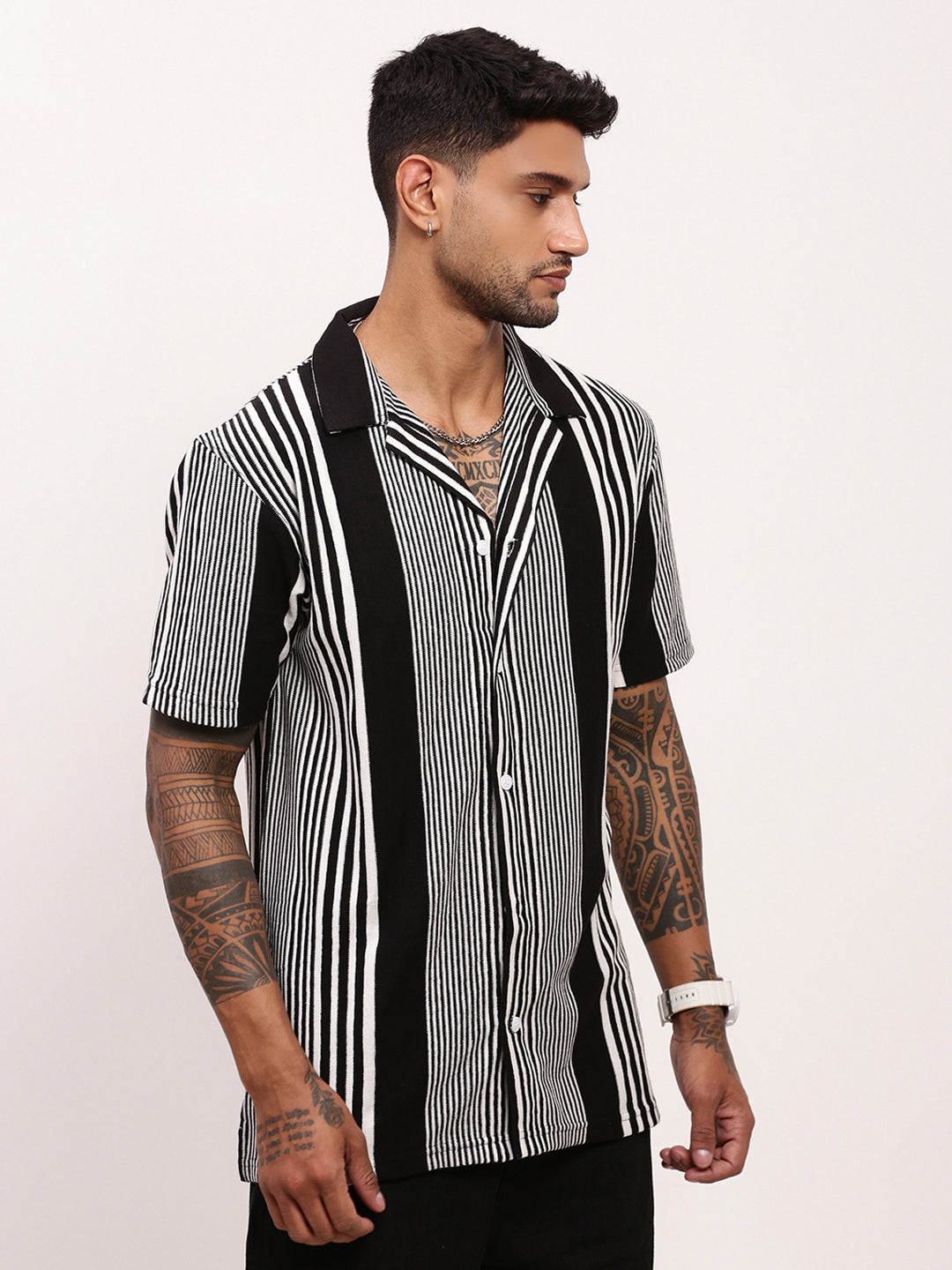 Men Black Striped Cuban Collar Shirt