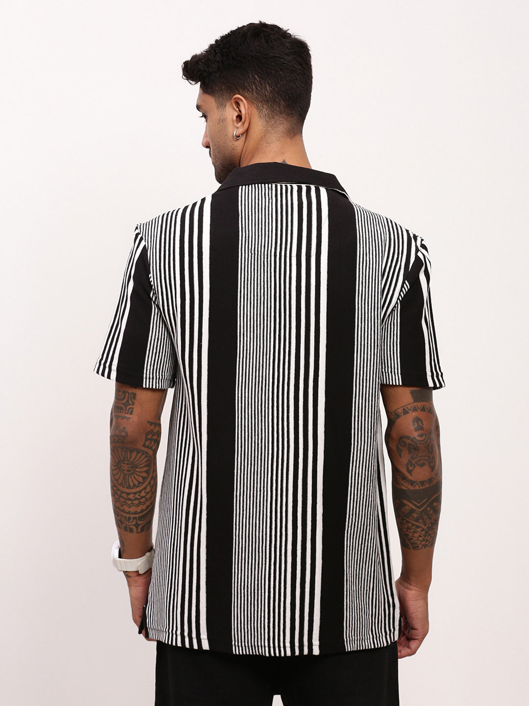 Men Black Striped Cuban Collar Shirt