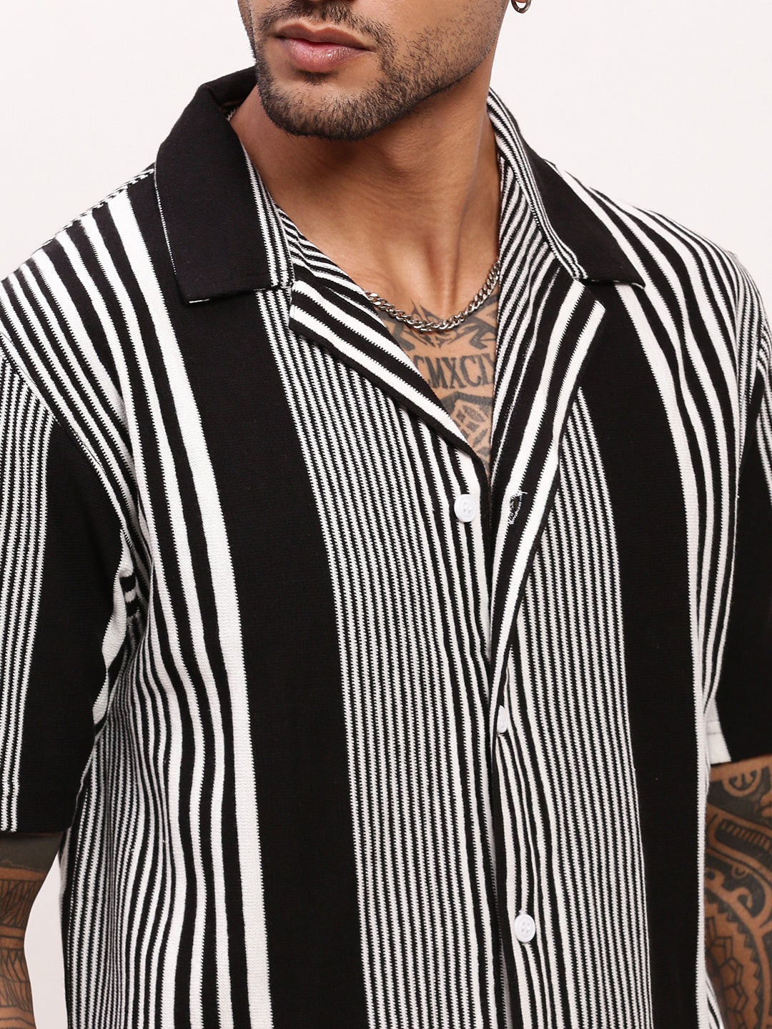 Men Black Striped Cuban Collar Shirt