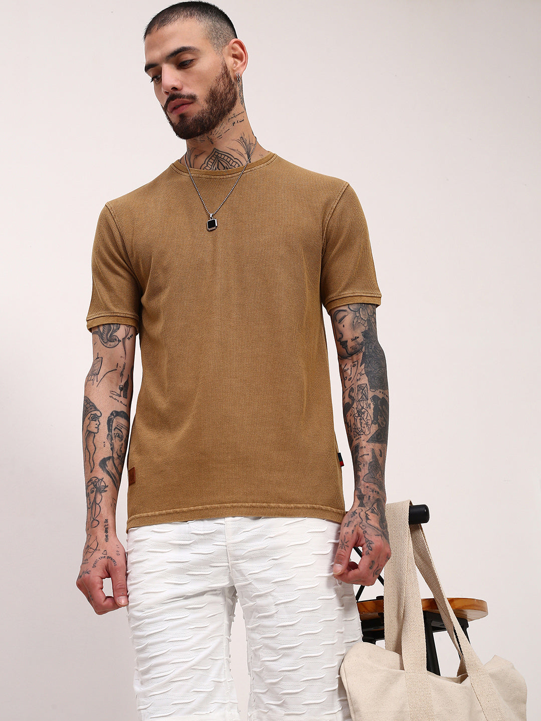 Men Brown Solid T Shirt