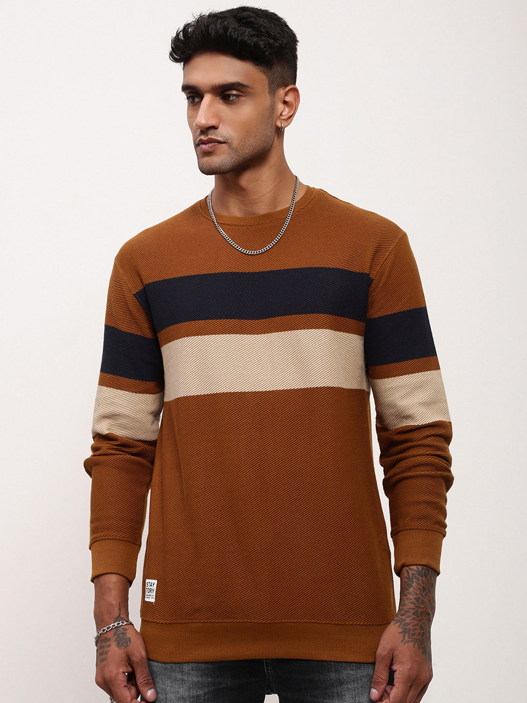 Men Brown Colourblocked Sweater